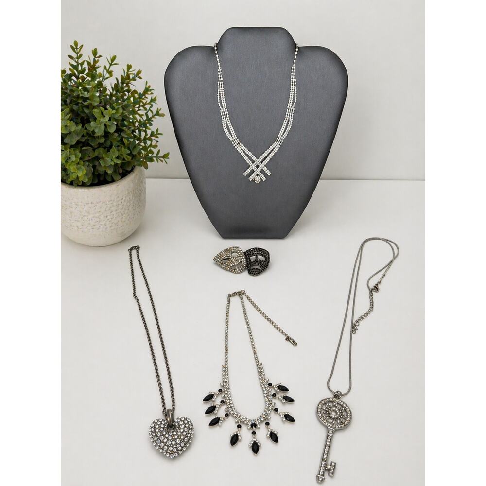 Rhinestone Statement Necklace Key Heart Bib Brooch Silver Tone Jewelry 5-Pc Lot